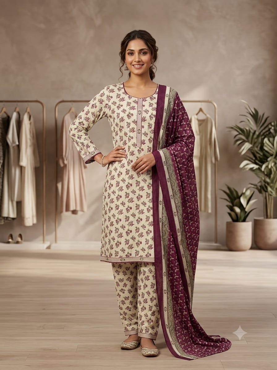 Printed Lawn 3-Piece Suit – Cream & Olive Floral with Plum Dupatta