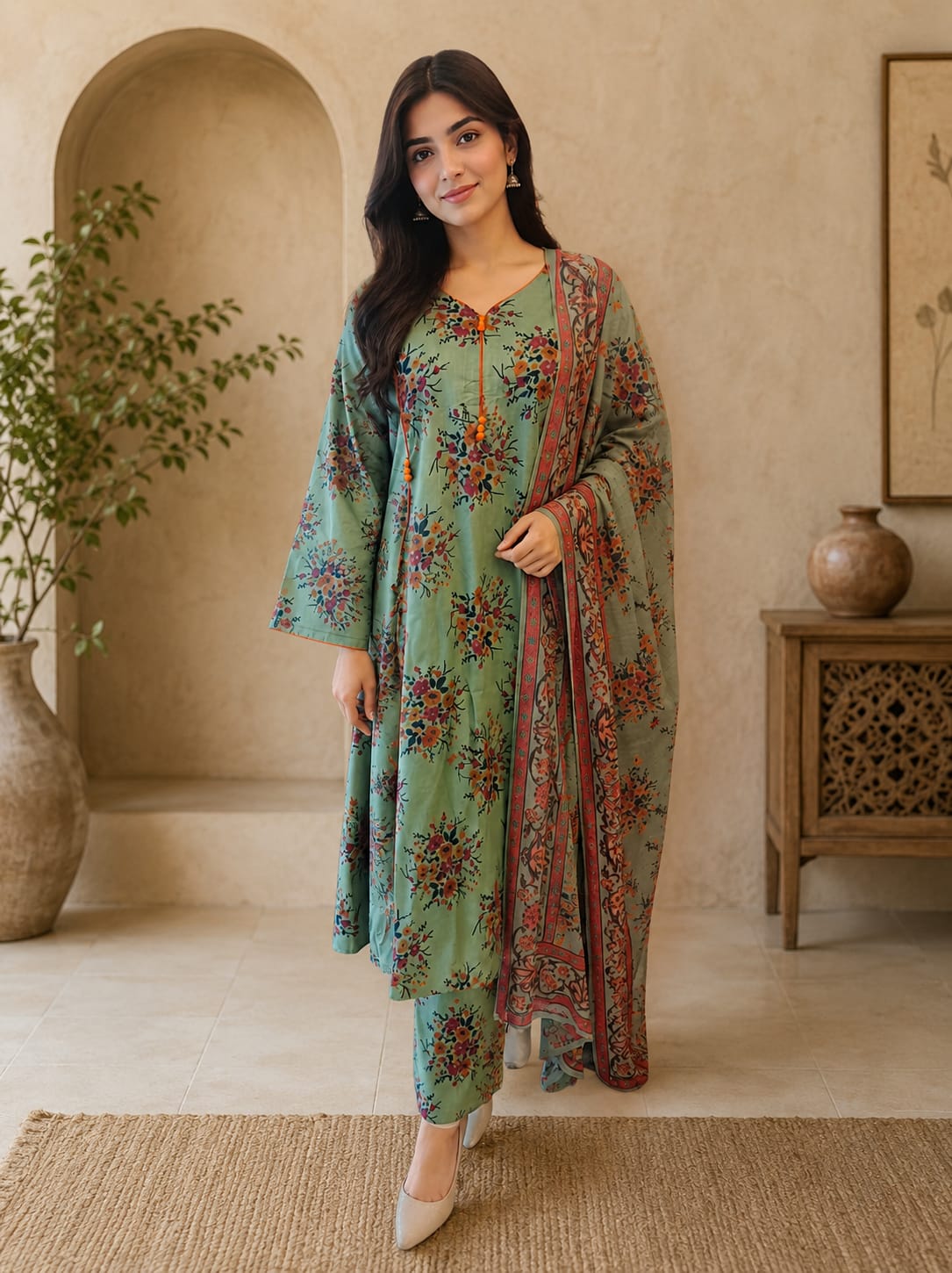 Dusty Teal Floral Printed 3-Piece Suit – Kurta, Trouser & Dupatta