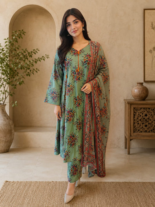 Dusty Teal Floral Printed 3-Piece Suit – Kurta, Trouser & Dupatta