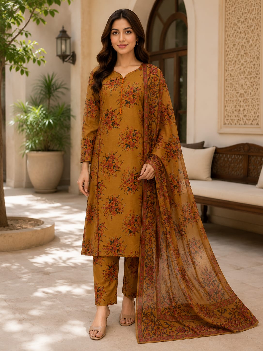 Printed Lawn 3-Piece Suit – Mustard Gold with Floral Bouquet Print