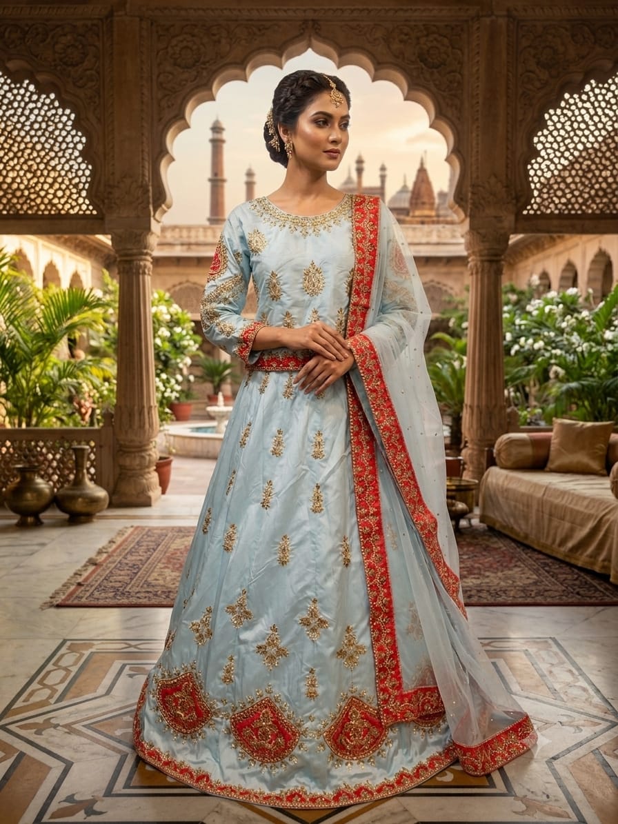 Powder blue embroidered Anarkali lehenga with gold zari work and red border dupatta, worn by model in a Mughal courtyard setting