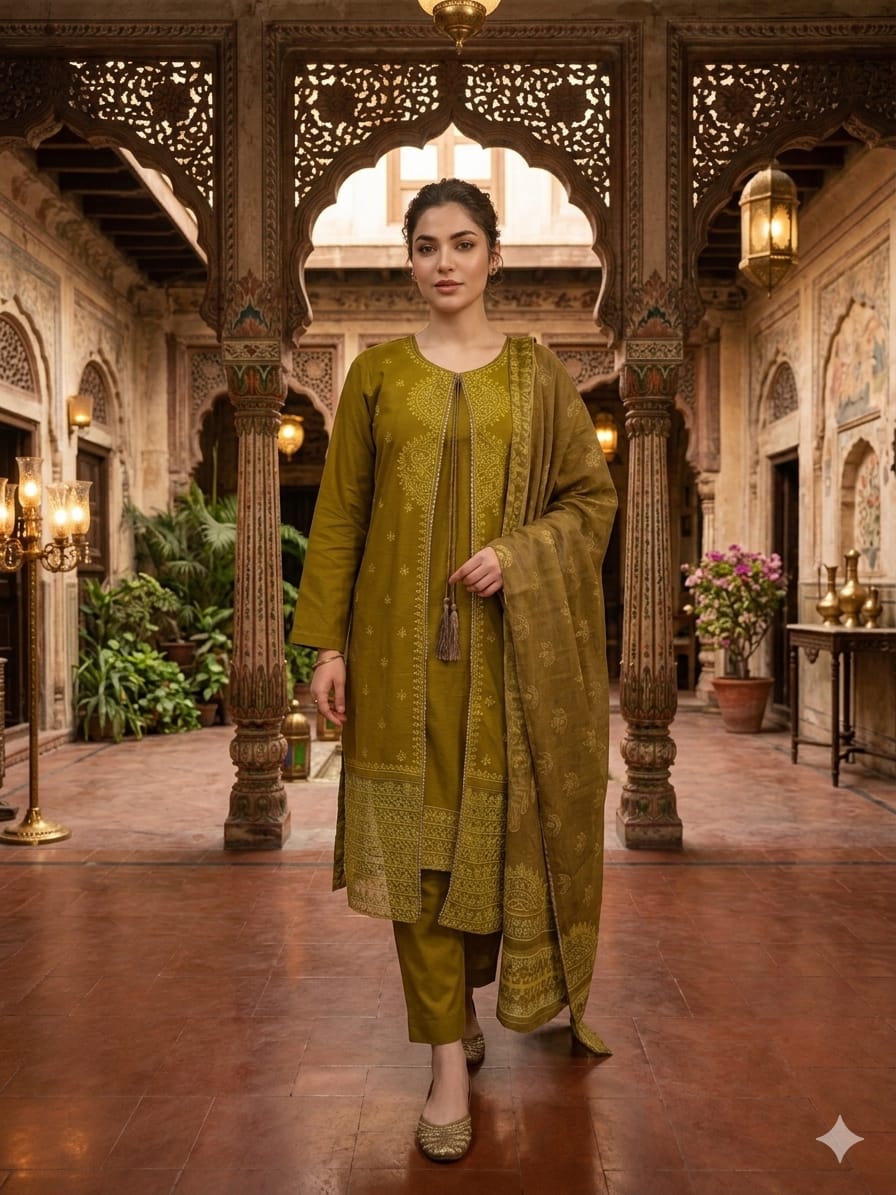 Embroidered Silk 3-Piece Suit – Chartreuse Green with Tonal Embroidery
