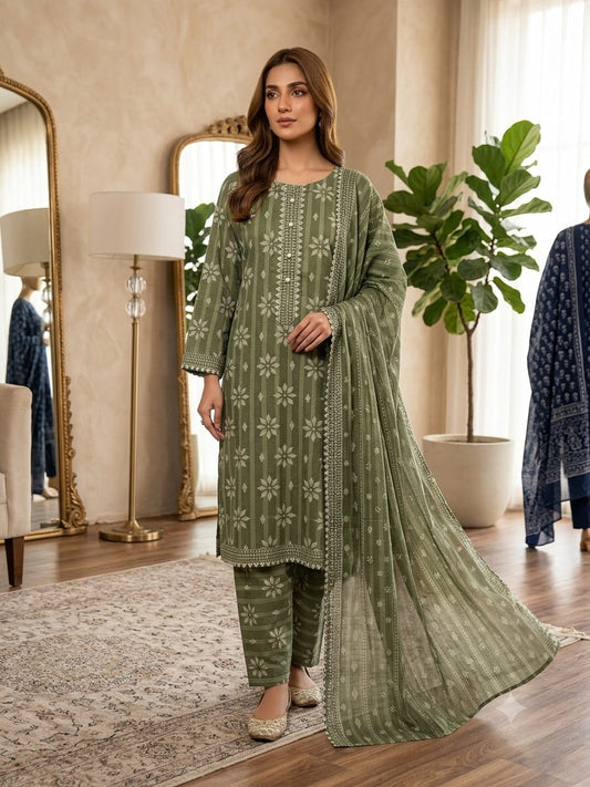 Printed Lawn 3-Piece Suit – Sage Green with Geometric Floral Print & Lace Trim