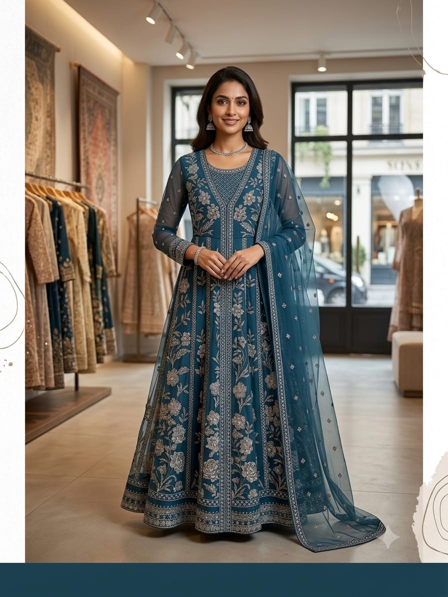 Embroidered Net Maxi – Zinc with Floral Zari Work