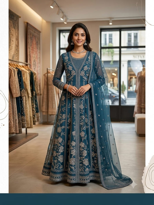 Embroidered Net Maxi – Zinc with Floral Zari Work