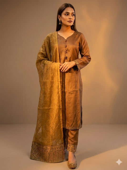 Silk Kurta 3-Piece Suit – Toffee Brown & Antique Gold