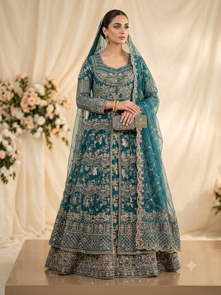 Embroidered Net Maxi – Teal with Heavy Zardozi Work