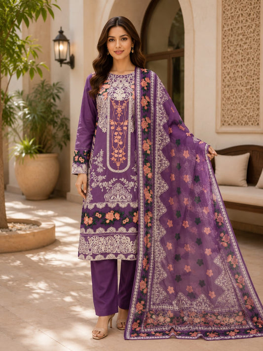 Embroidered Lawn 3-Piece Suit – Royal Purple with Floral Motifs