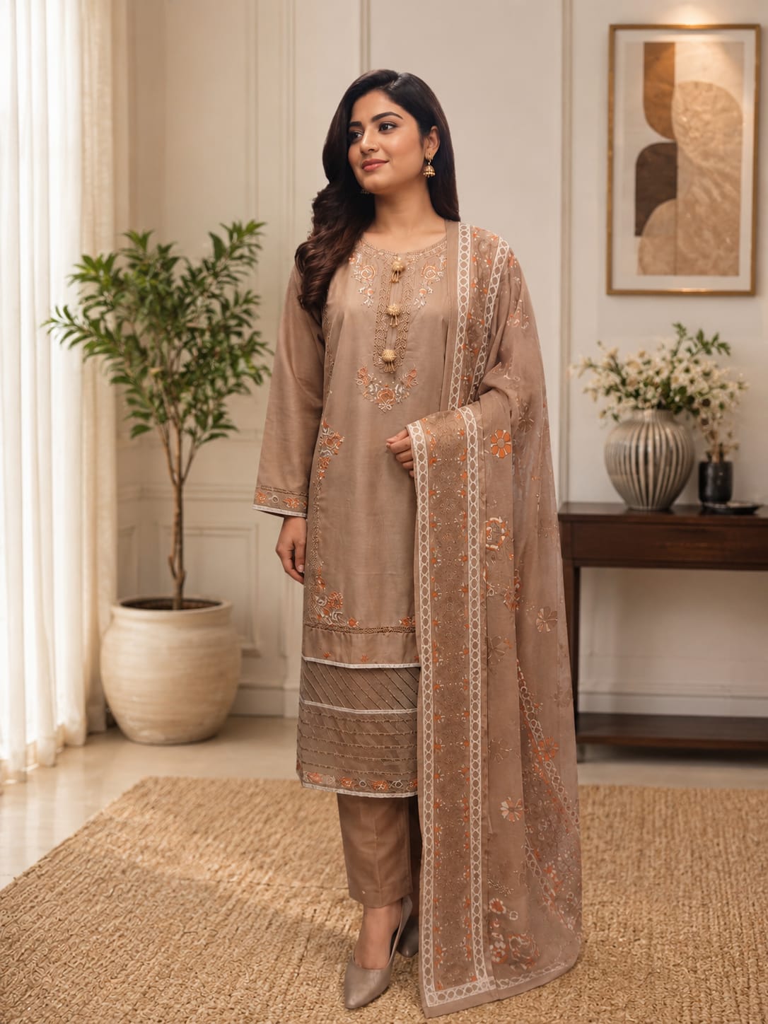 Embroidered Chiffon 3-Piece Suit – Warm Mocha with Floral Tassel Embroidery