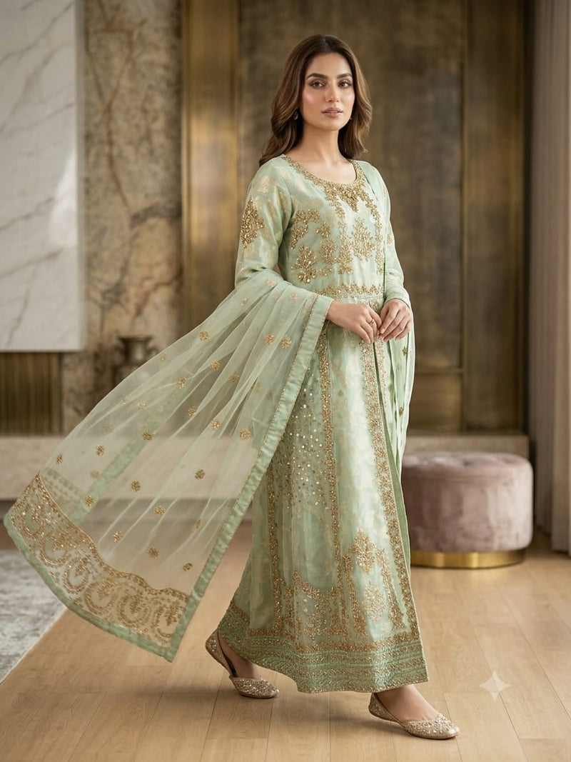 Embroidered Silk Maxi – Mint Green with Gold Zardozi Work