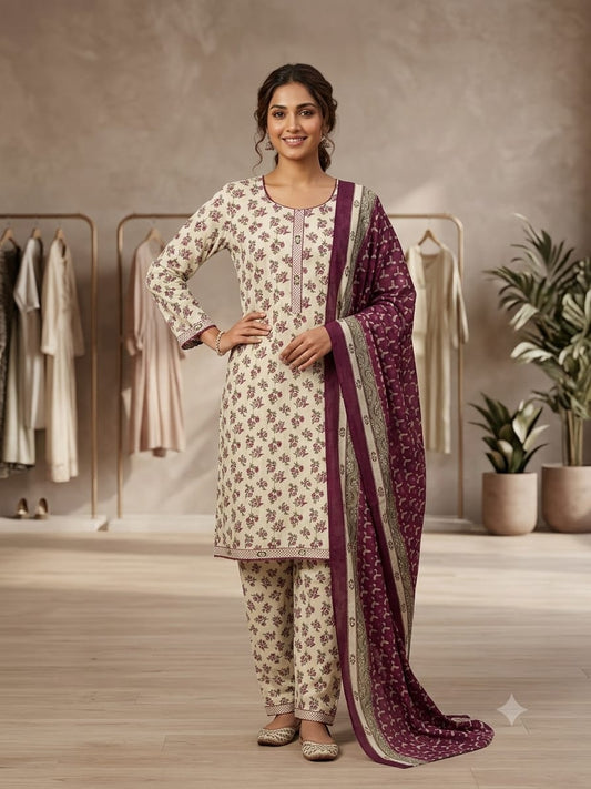 Printed Lawn 3-Piece Suit – Cream & Olive Floral with Plum Dupatta