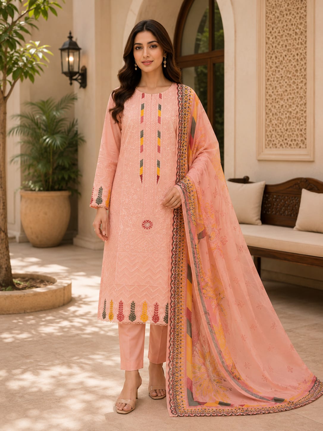 Embroidered Lawn 3-Piece Suit – Blush Pink with Multicolour Floral Embroidery