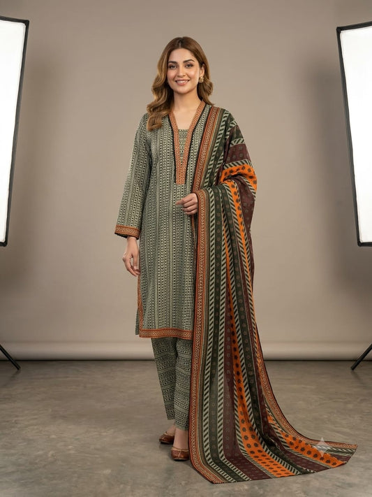Printed Lawn 3-Piece Suit – Sage Green Ethnic Motif