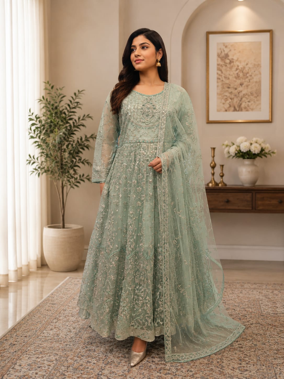 Embroidered Net Anarkali Maxi – Sage Mint with All-Over Gold Sequin Embroidery