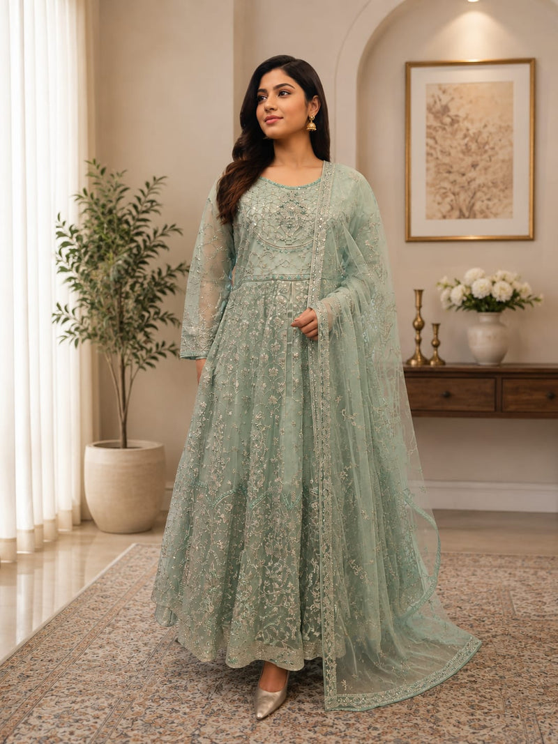 Embroidered Net Anarkali Maxi – Sage Mint with All-Over Gold Sequin Embroidery