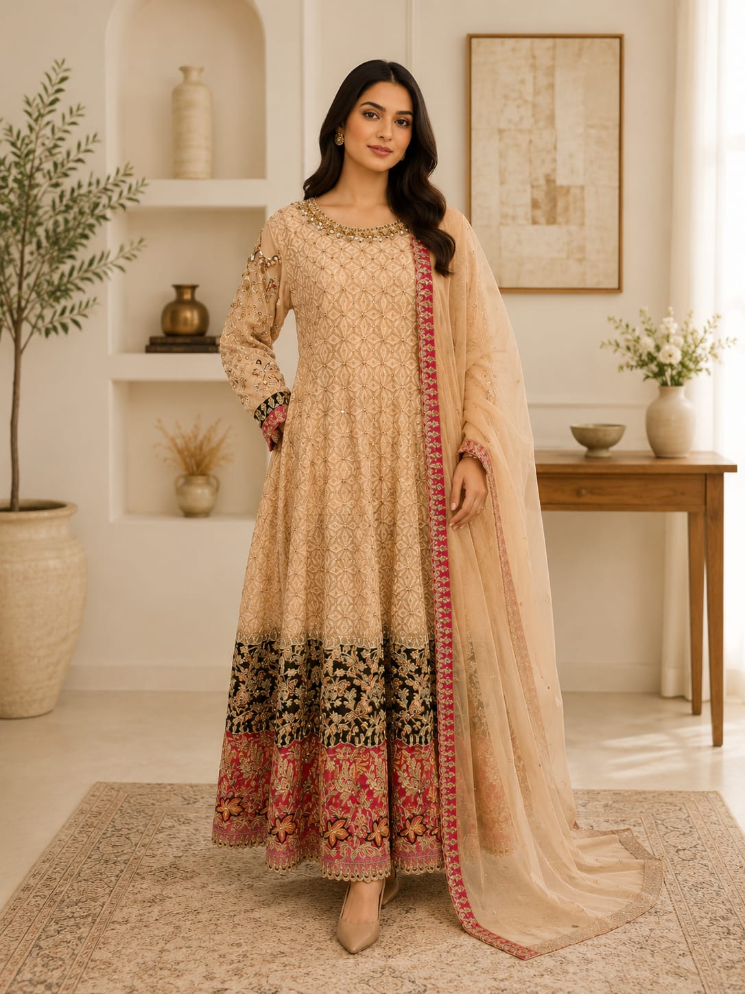 Beige embroidered Anarkali suit with gold trellis threadwork, black velvet and red floral border, worn with matching dupatta