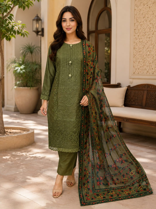 Embroidered Organza 3-Piece Suit – Olive Green with Tonal Chikankari & Floral Dupatta