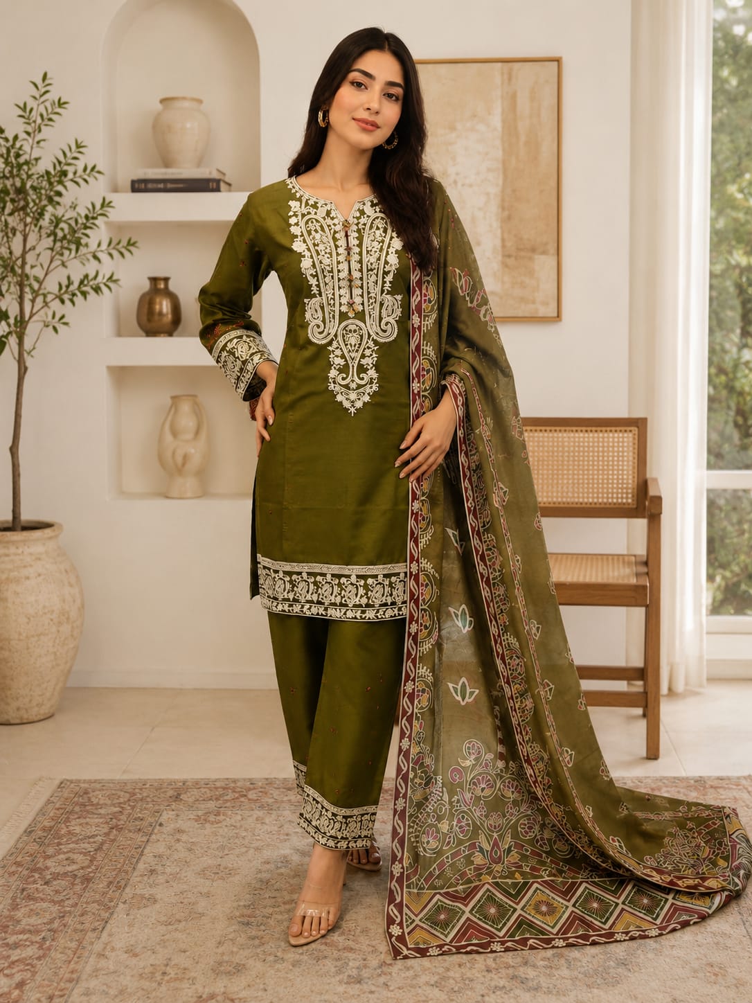 Embroidered Silk 3-Piece Suit – Olive Green with Paisley Neckline