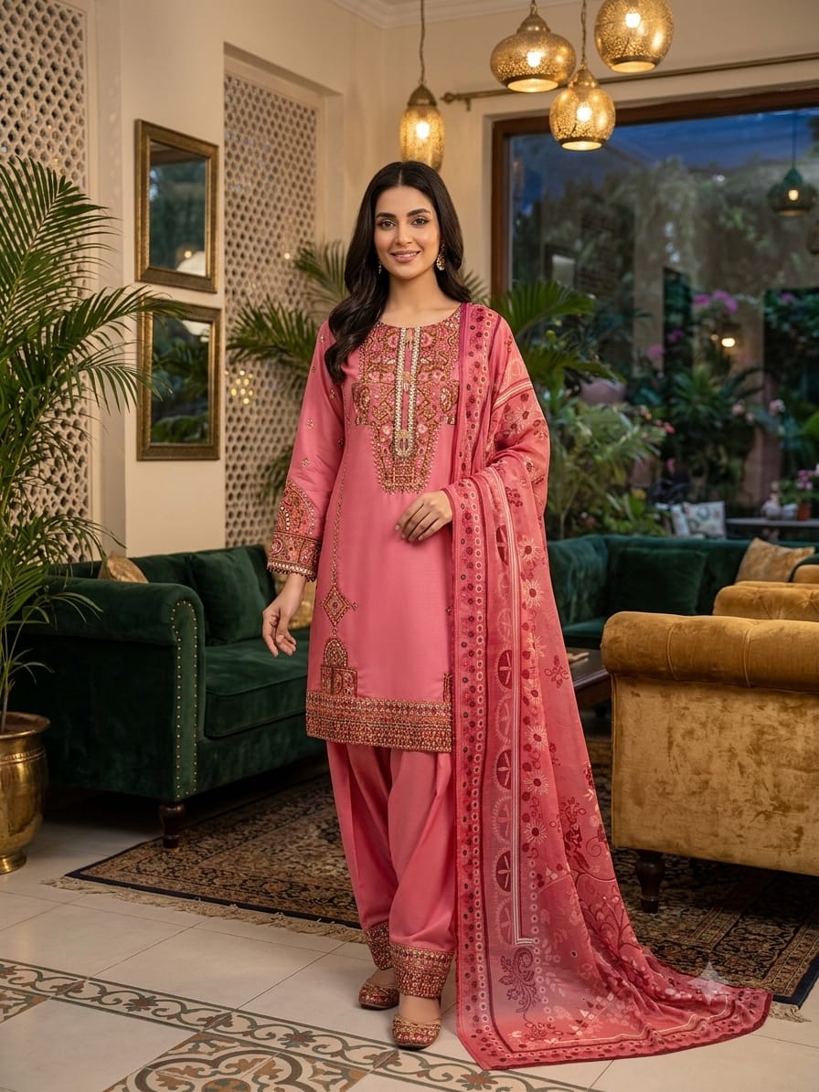 Embroidered Silk 3-Piece Suit – Rose Pink with Heavy Zardozi & Patiala Trouser