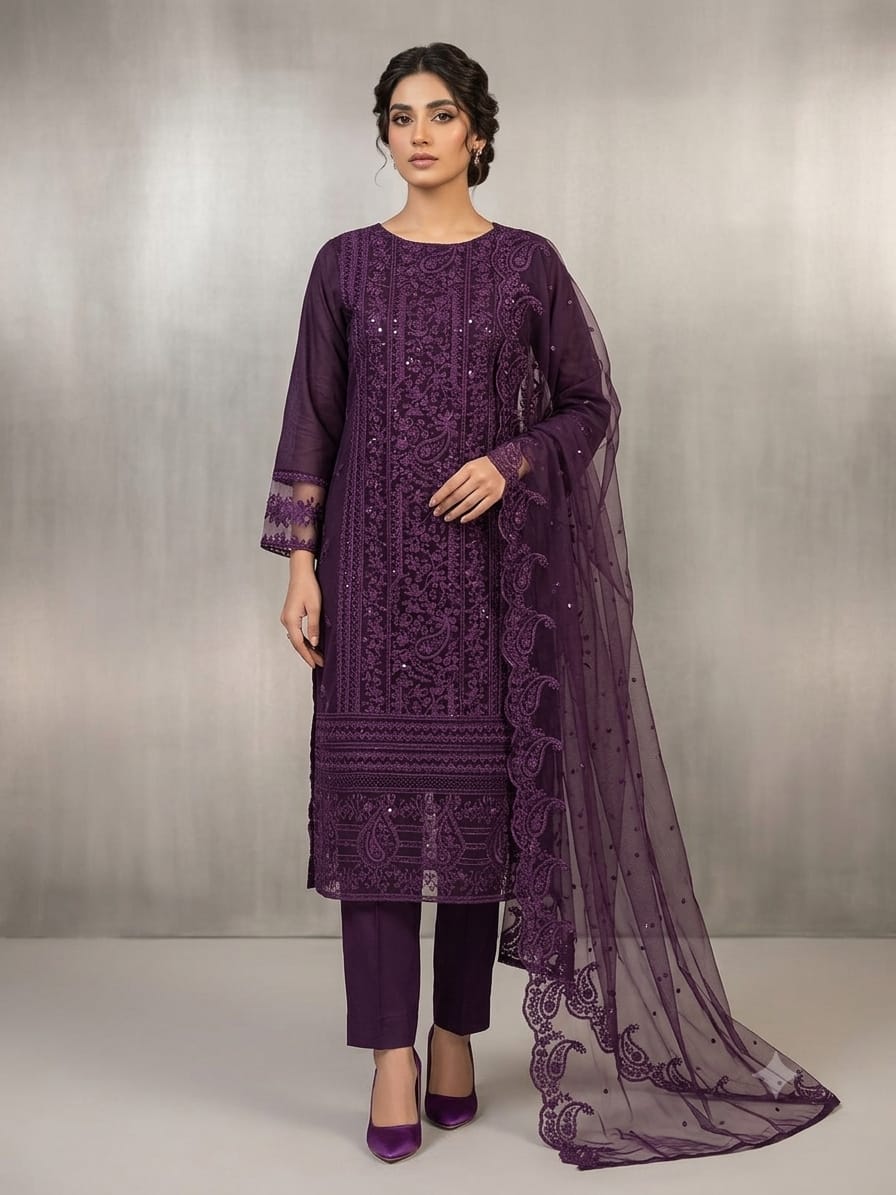Embroidered Chiffon 3-Piece Suit – Deep Plum with Tonal Paisley Embroidery