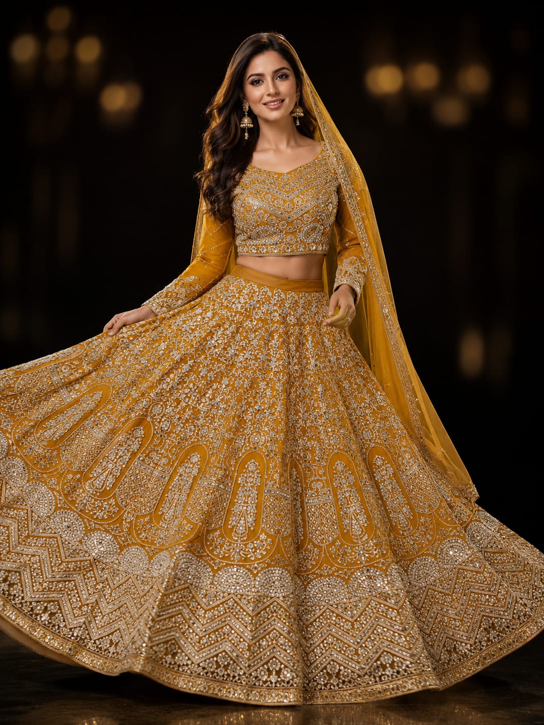 Golden Bridal Lehenga Choli – Heavy Embroidered 3-Piece Set