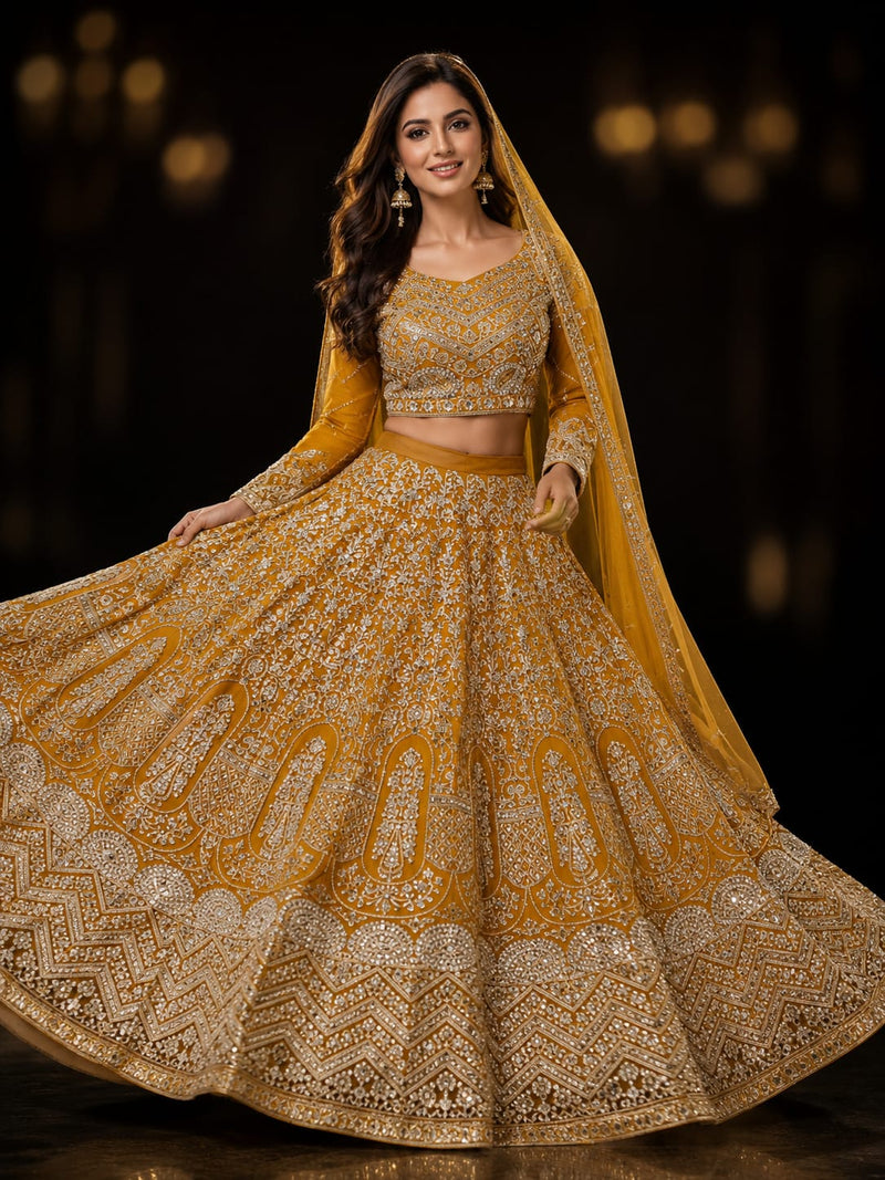 Golden Bridal Lehenga Choli – Heavy Embroidered 3-Piece Set