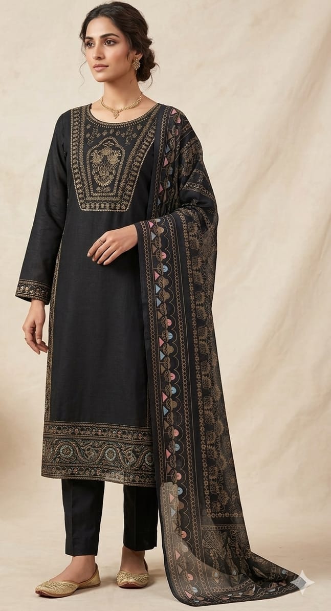 Embroidered Karandi 3-Piece Suit – Jet Black with Gold Paisley Embroidery