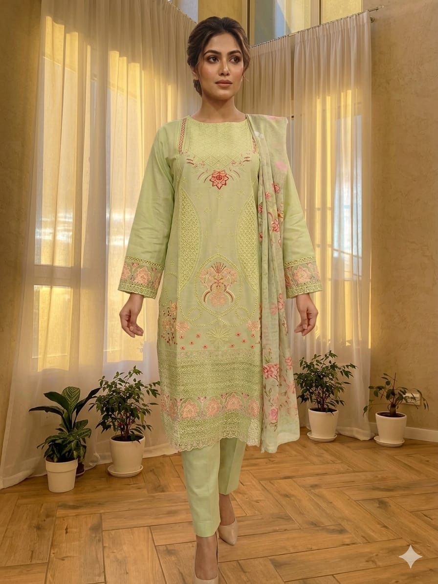 Embroidered Cotton 3-Piece Suit – Pistachio Green with Floral & Cutwork Embroidery