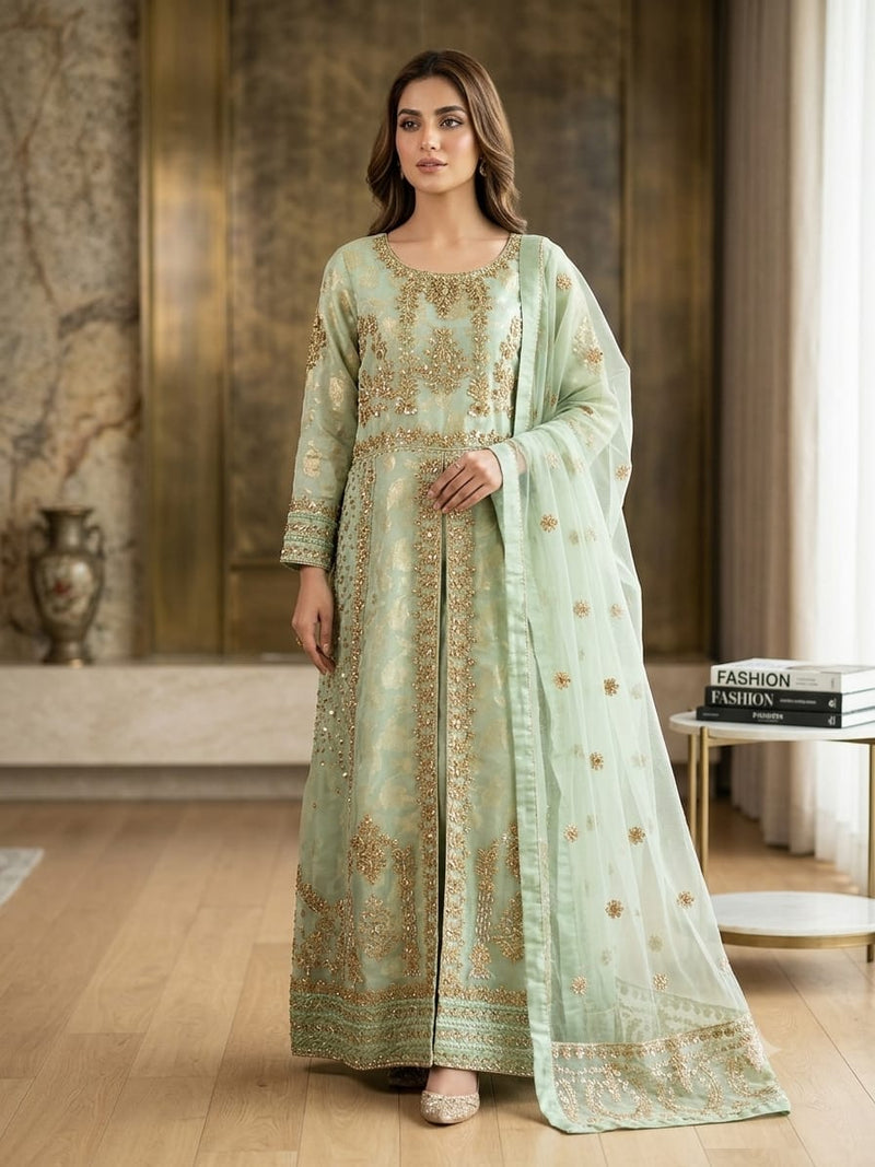 Embroidered Silk Maxi – Mint Green with Gold Zardozi Work