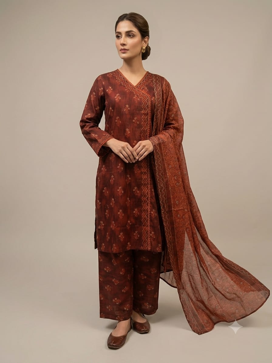 Printed Lawn 3-Piece Suit – Rust Brown with Paisley Bootie Print & Palazzo Trouser