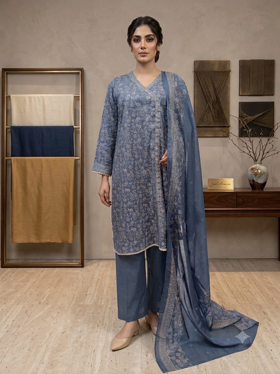 Floral Embroidered Lawn 3-Piece Suit – Steel Blue