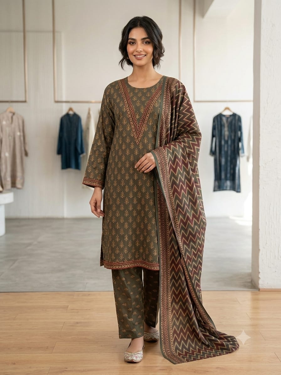 Printed Khaddar 3-Piece Suit – Olive Brown with Chevron Dupatta