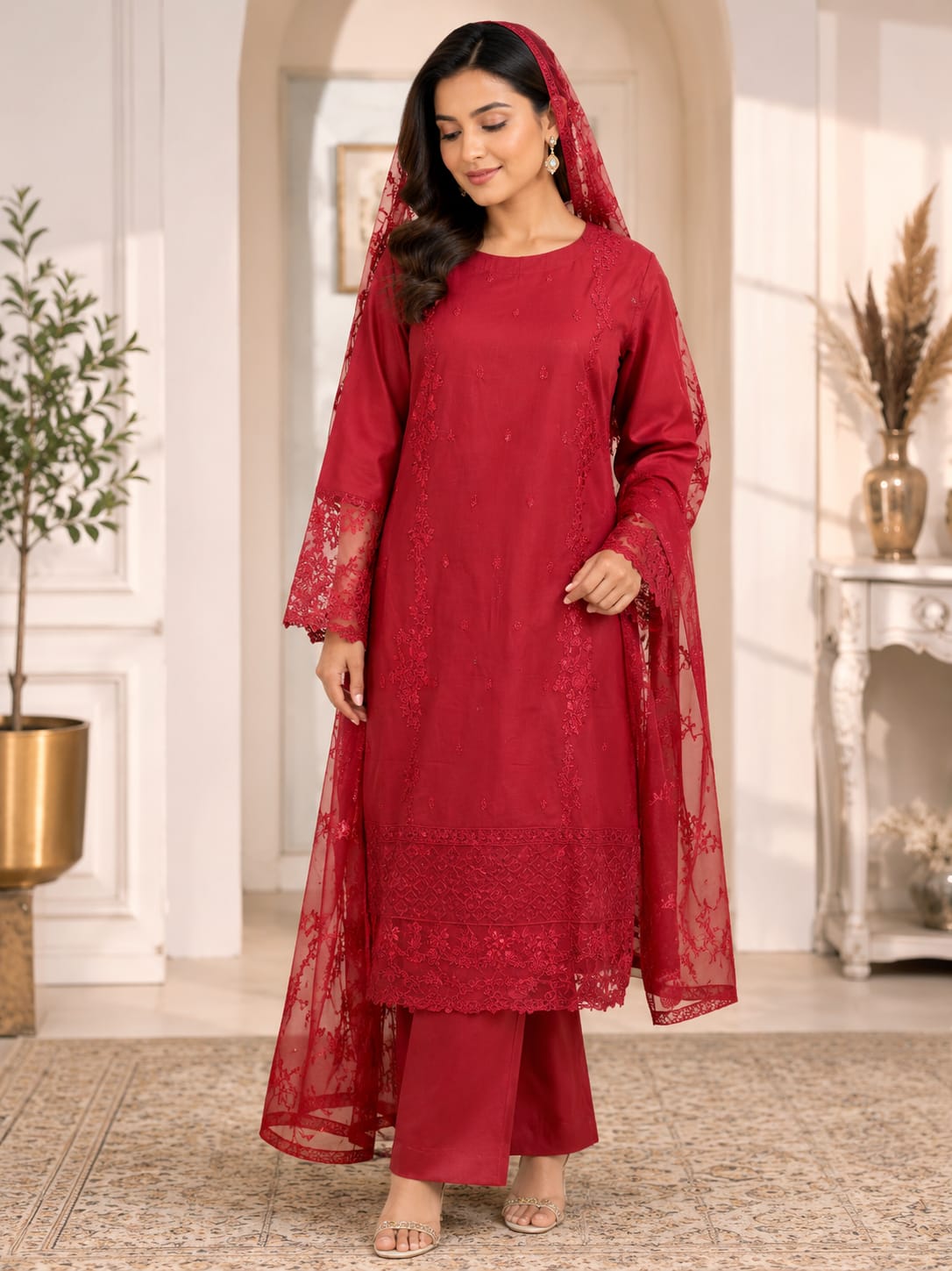 Embroidered Lawn Cotton 3-Piece Suit – Crimson Red with Tonal Floral Embroidery & Net Dupatta