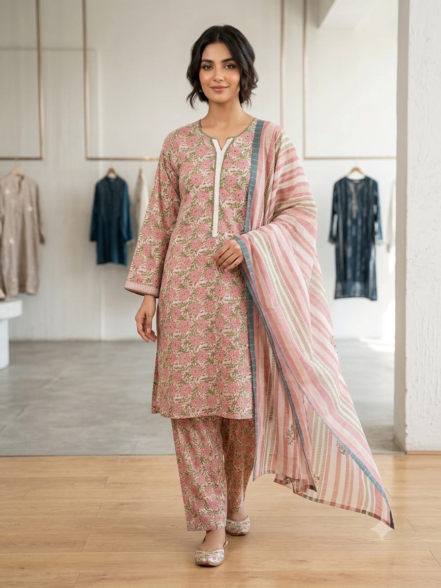 Floral Print 3-Piece Lawn Suit