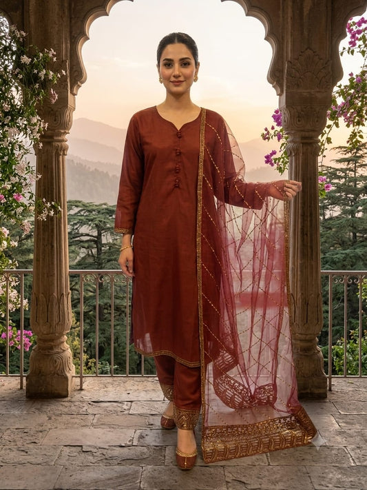 Rust Brown 3-Piece Silk Suit