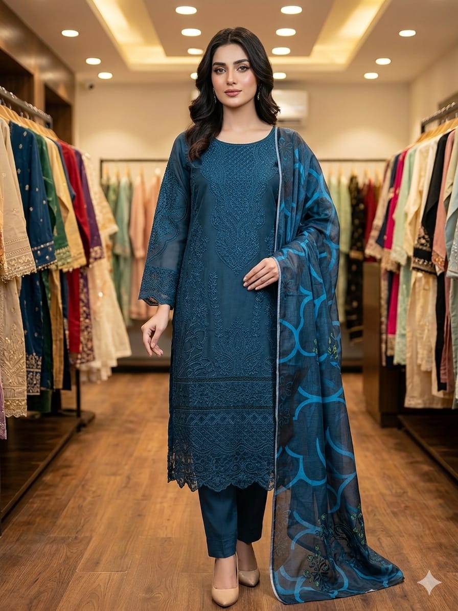 Embroidered Lawn Cotton 3-Piece Suit – Teal Blue with Tonal Cutwork & Printed Dupatta