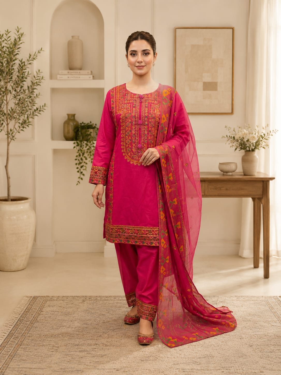 Embroidered Fuchsia 3-Piece Suit