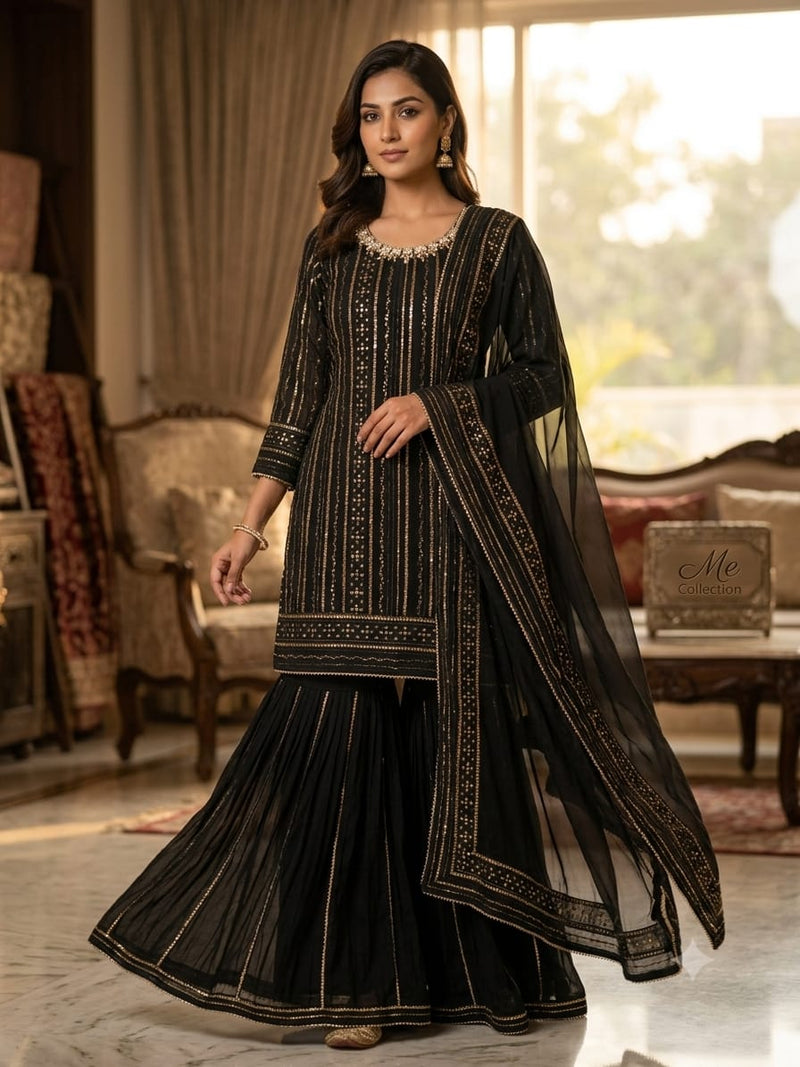 Black Embellished Sharara Set