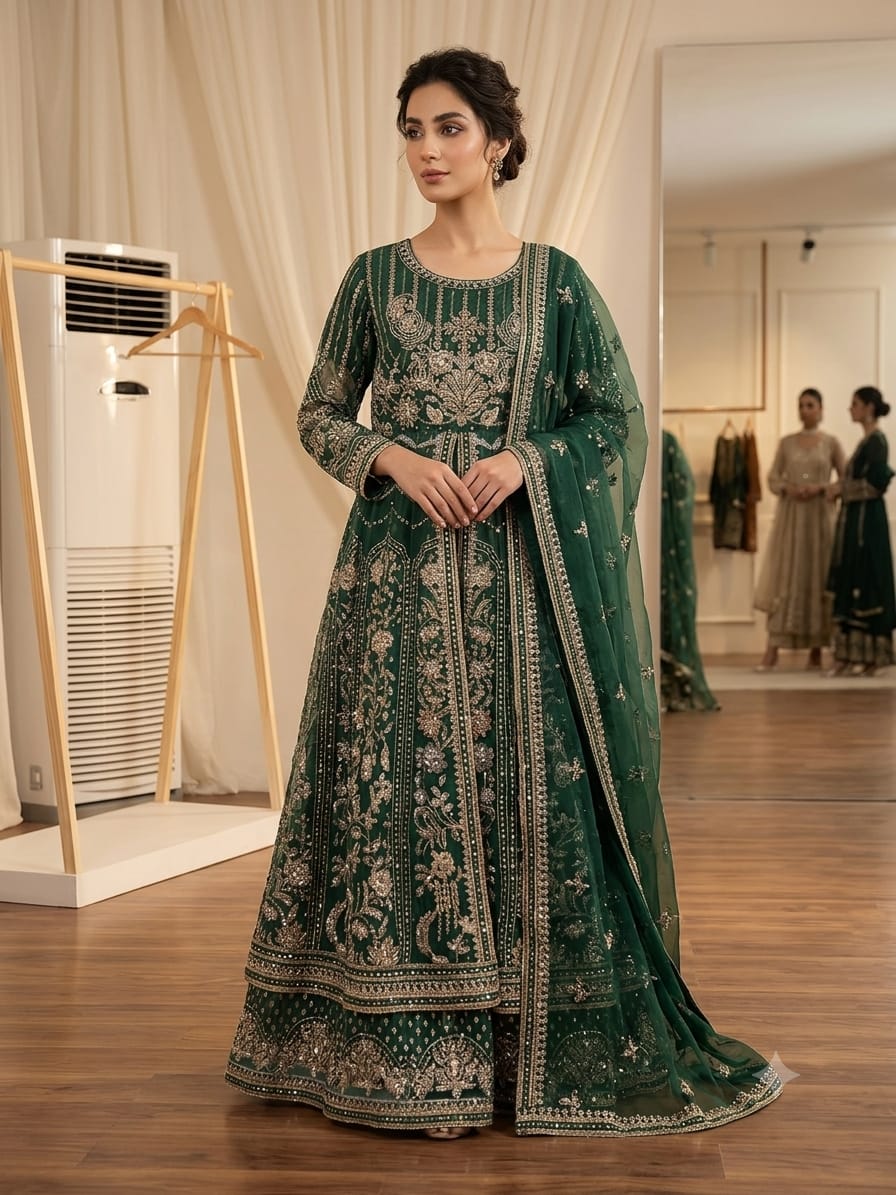 Emerald Green Embroidered Maxi