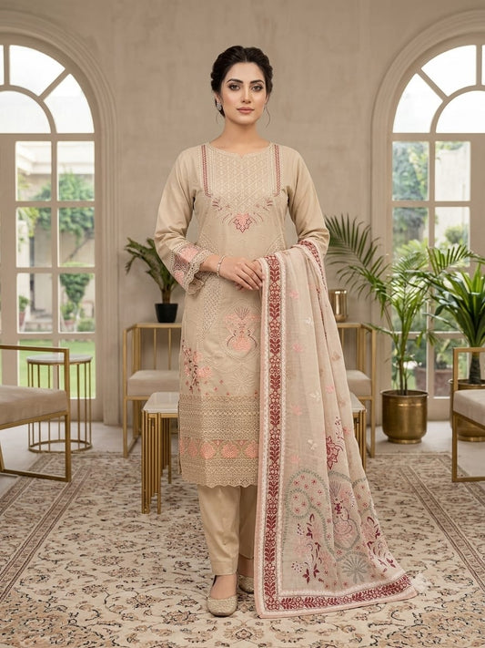 Beige Floral Embroidered Trouser Set