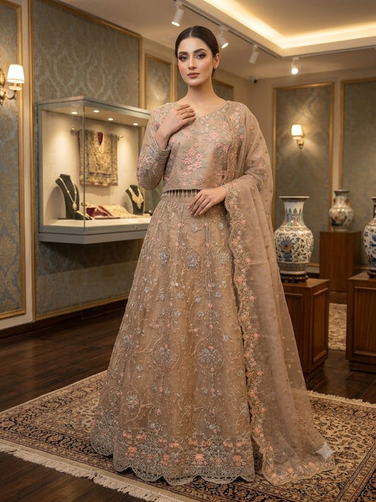 Champagne Gold Embroidered Net Lehenga Set