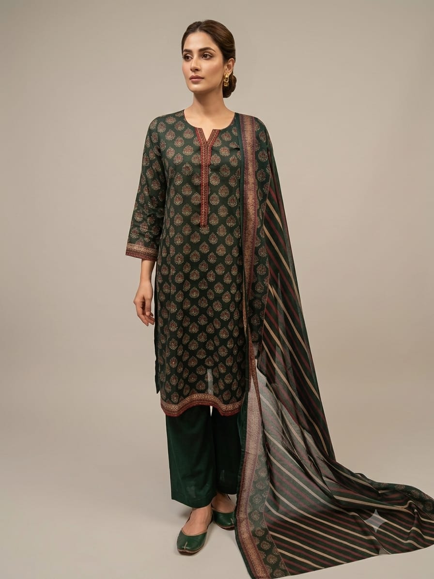 Forest Green Paisley Print 3-Piece Lawn Kurti Set
