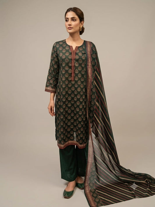 Forest Green Paisley Print 3-Piece Lawn Kurti Set